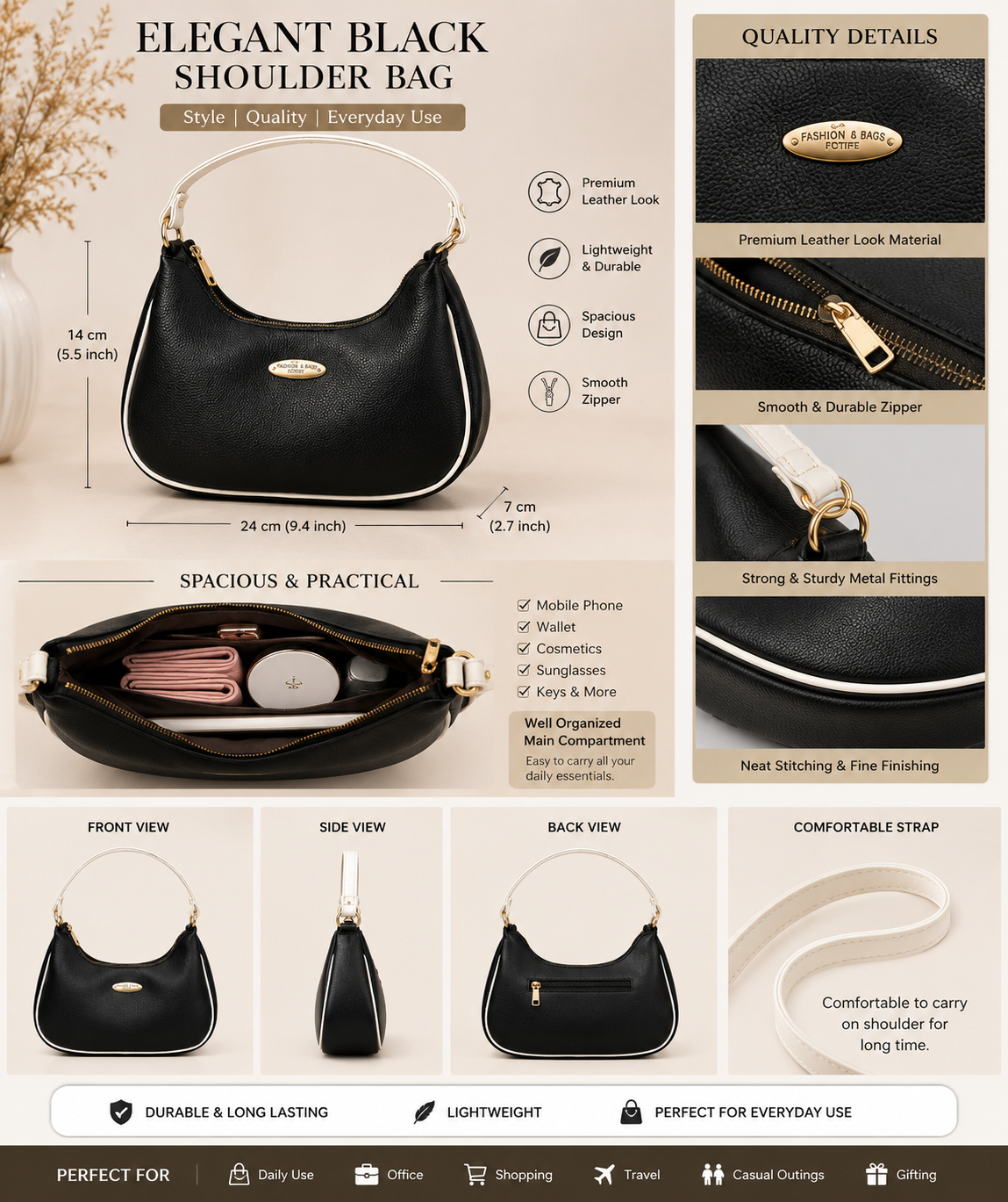 Elegant Black Shoulder Handbag for Women | Premium Leather Look | Everyday Fashion Bag