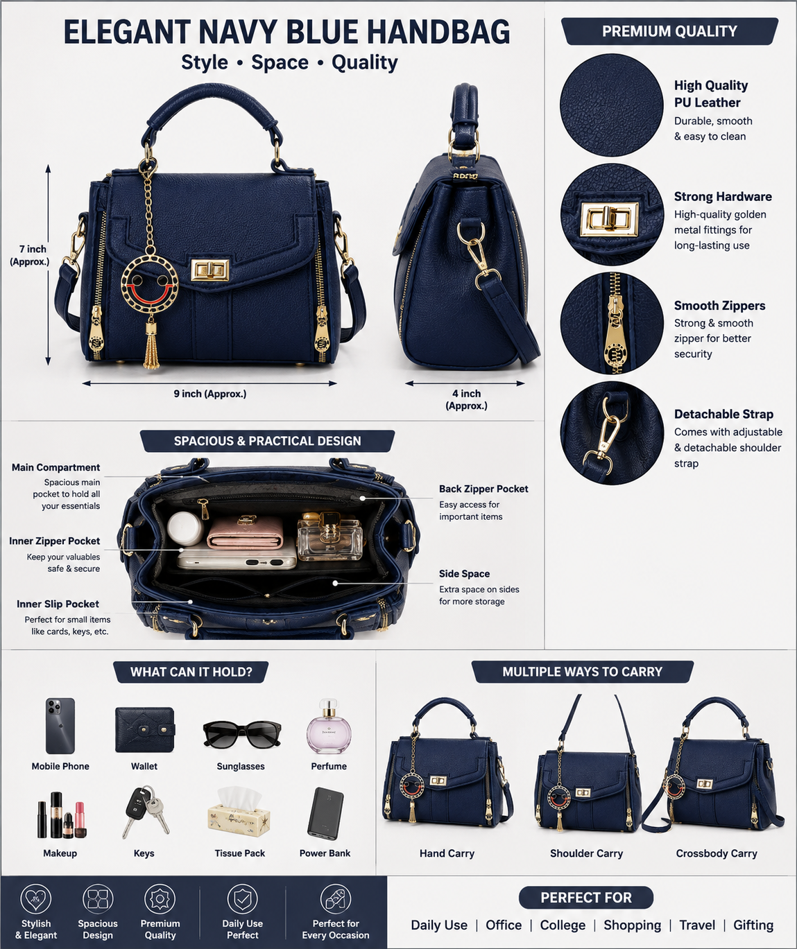 Elegant Navy Blue Structured Shoulder Bag for Women