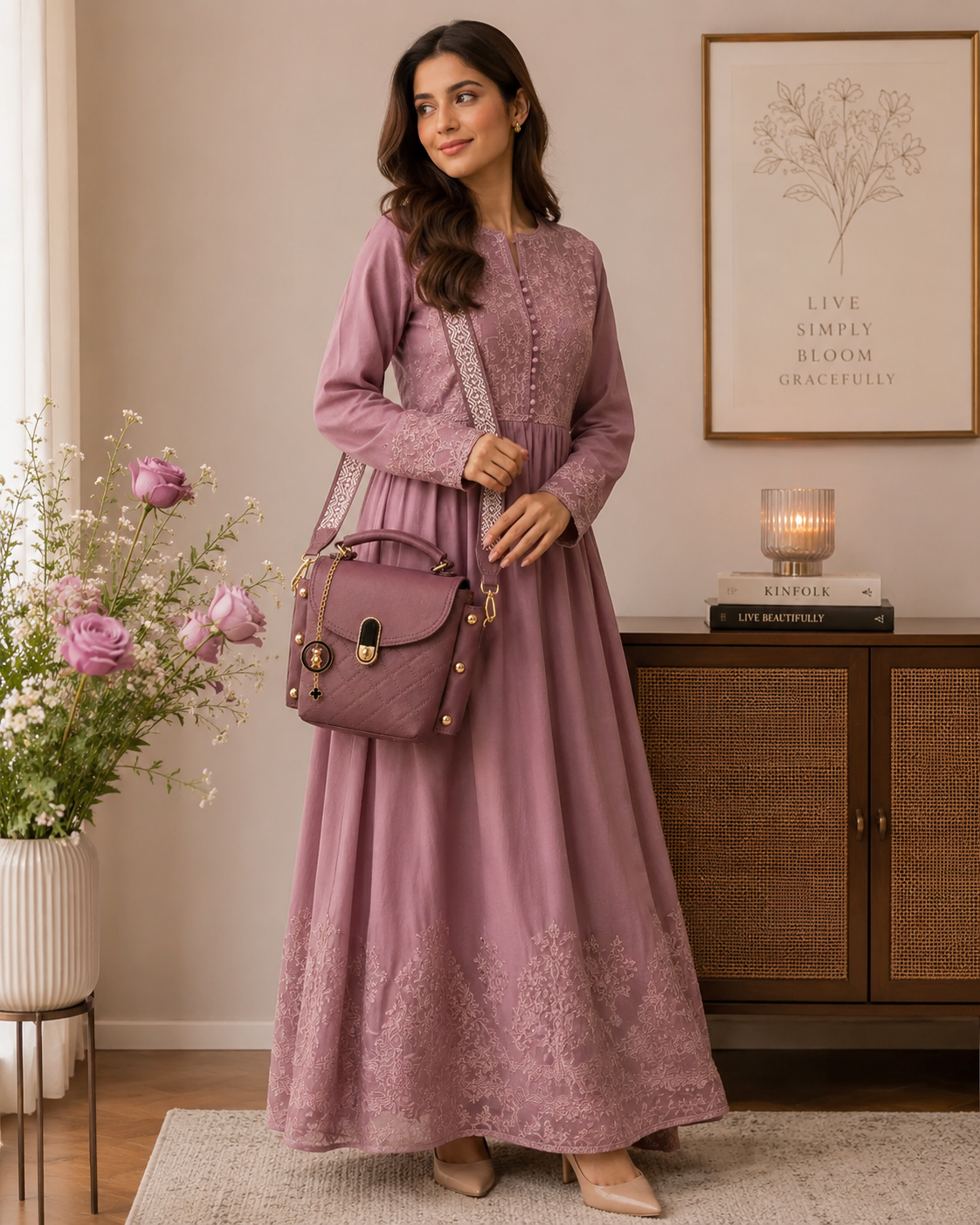 Elegant Quilted Crossbody Top Handle Bag for Women – Mauve Pink