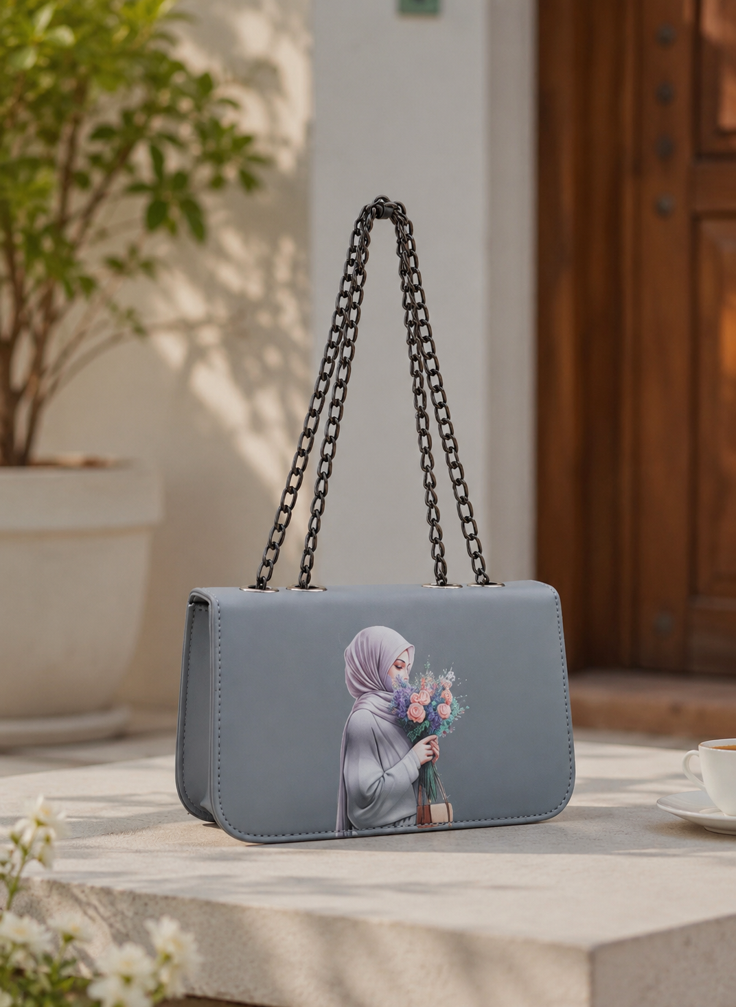 Elegant Modest Print Chain Crossbody Bag – Grey Blue Women's Shoulder Handbag
