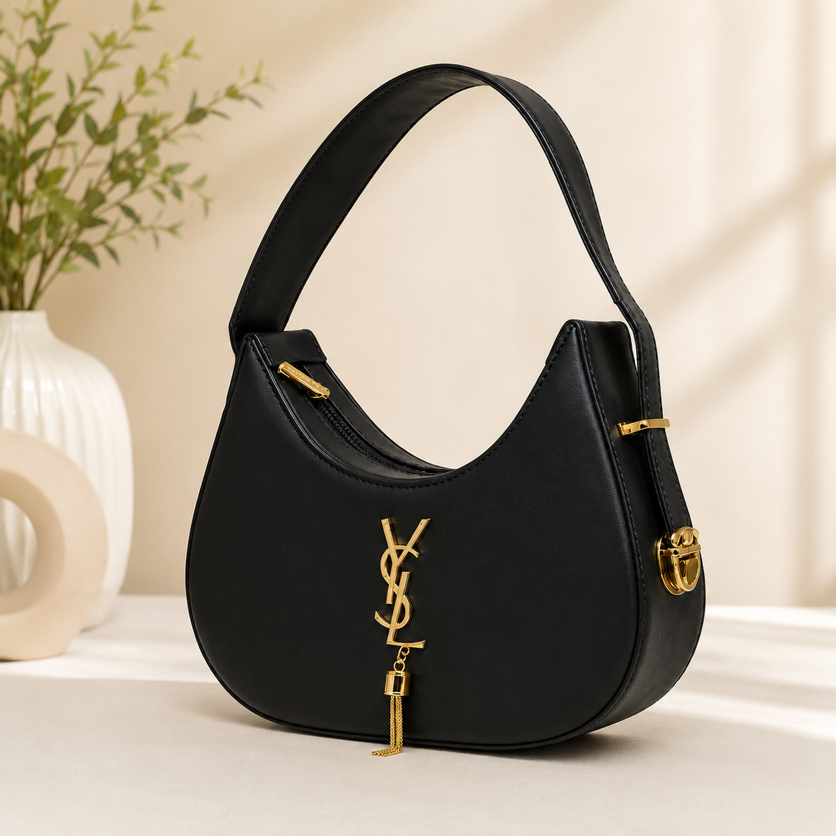 Elegant Black Hobo Shoulder Bag with Gold-Tone Details