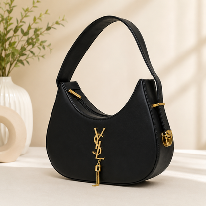 Elegant Black Hobo Shoulder Bag with Gold-Tone Details