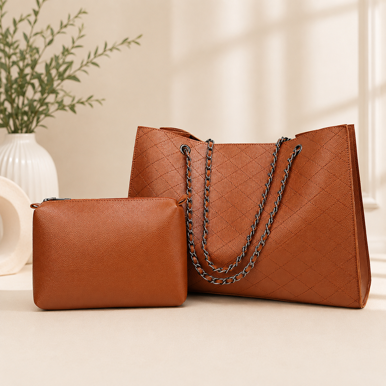 Elegant Quilted Shoulder Tote Bag with Matching Pouch – Women’s Handbag