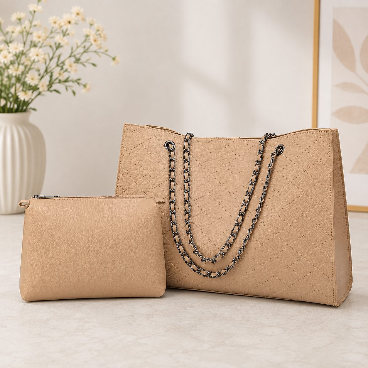 Elegant Beige Quilted Tote Bag with Matching Pouch – 2 Piece Set