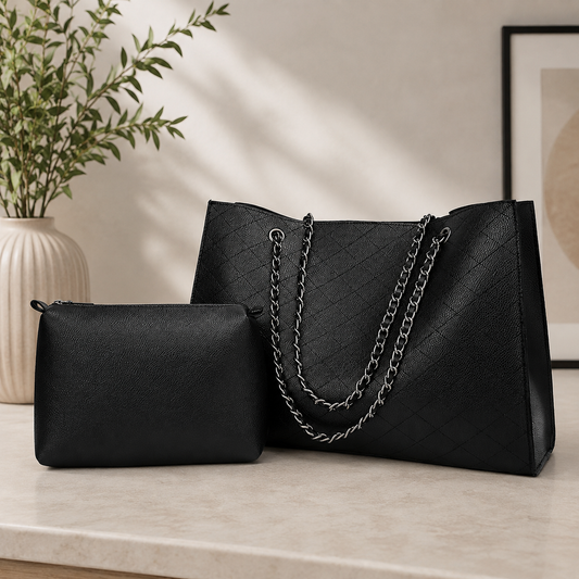 Elegant Black Quilted Tote Bag with Matching Pouch