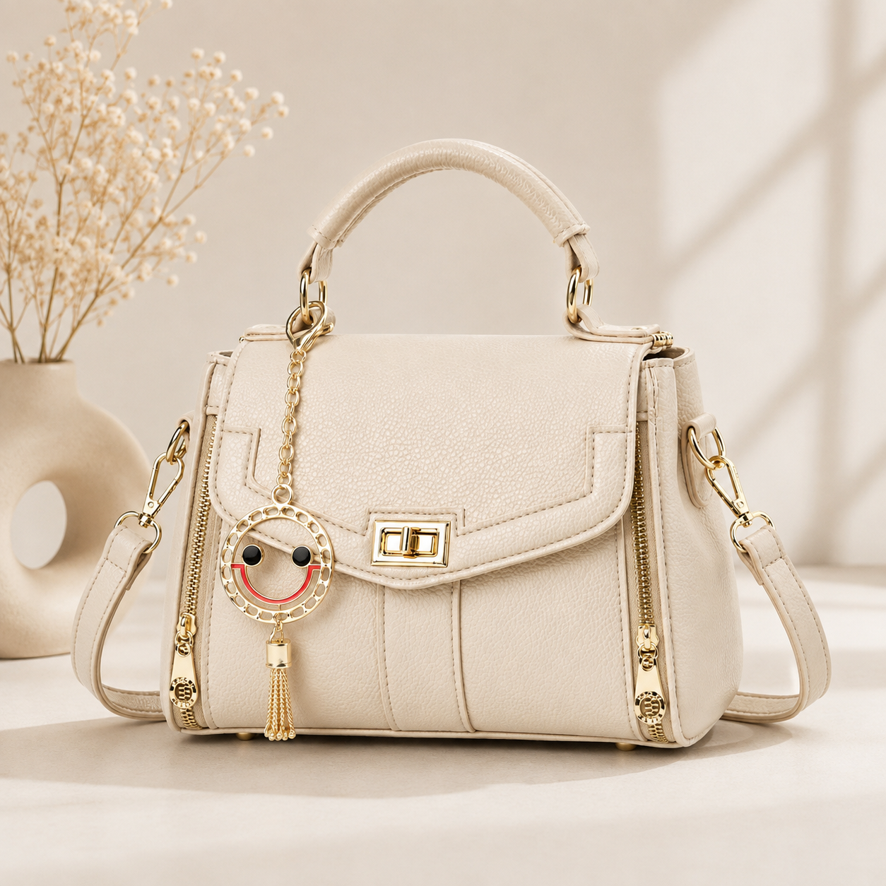 Elegant Cream Leather Handbag for Women | Top Handle & Crossbody Shoulder Bag
