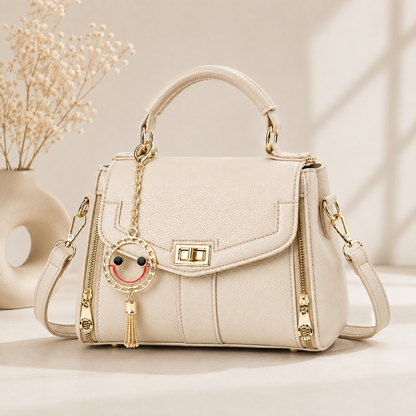 Elegant Cream Leather Handbag for Women | Top Handle & Crossbody Shoulder Bag