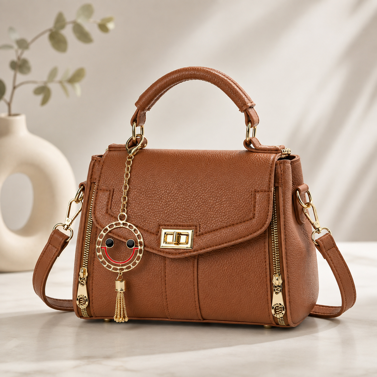 Elegant Brown Women's Top Handle Crossbody Handbag with Charm