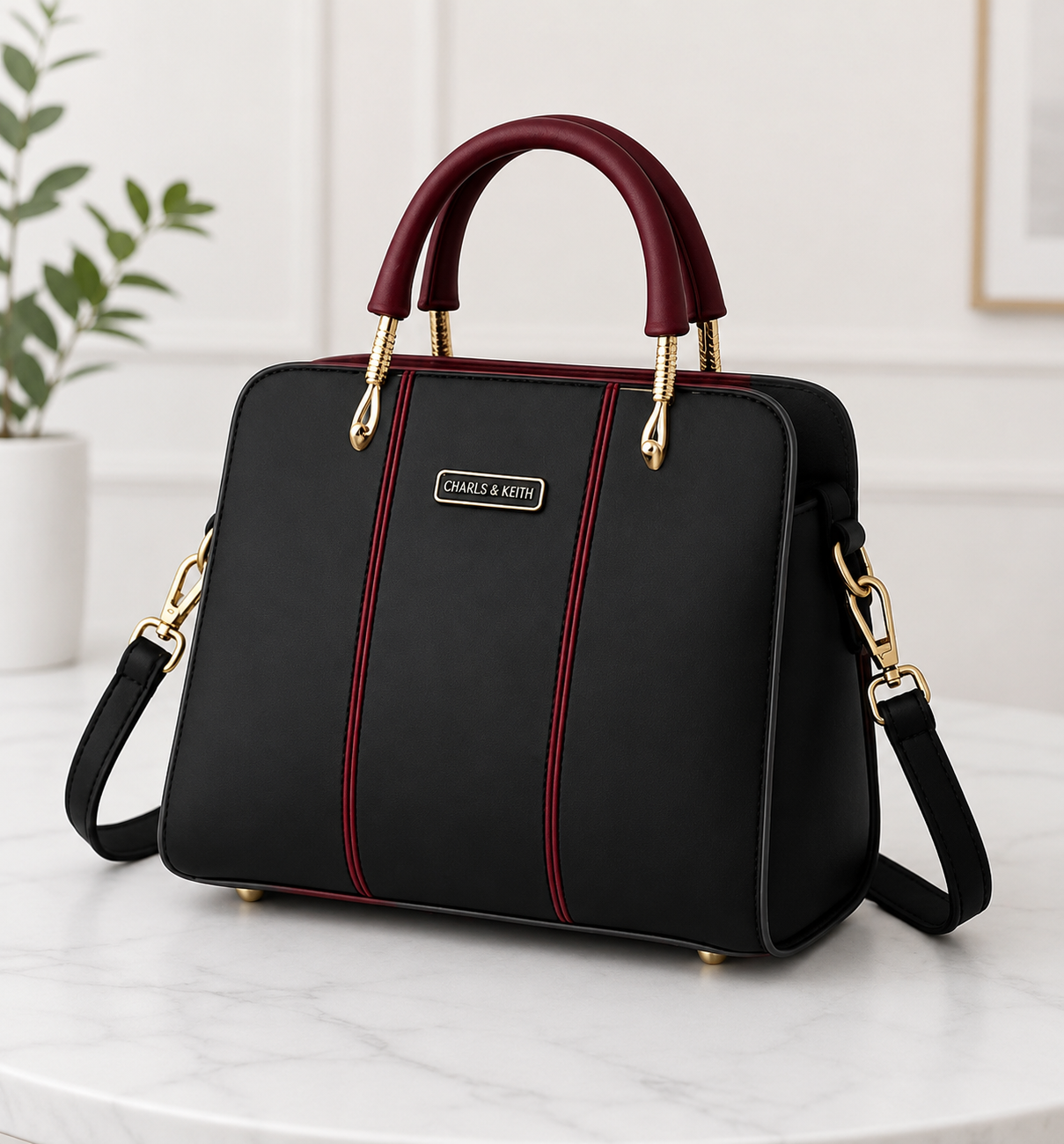 Elegant Black & Burgundy Women's Handbag | Premium Office & Casual Shoulder Bag