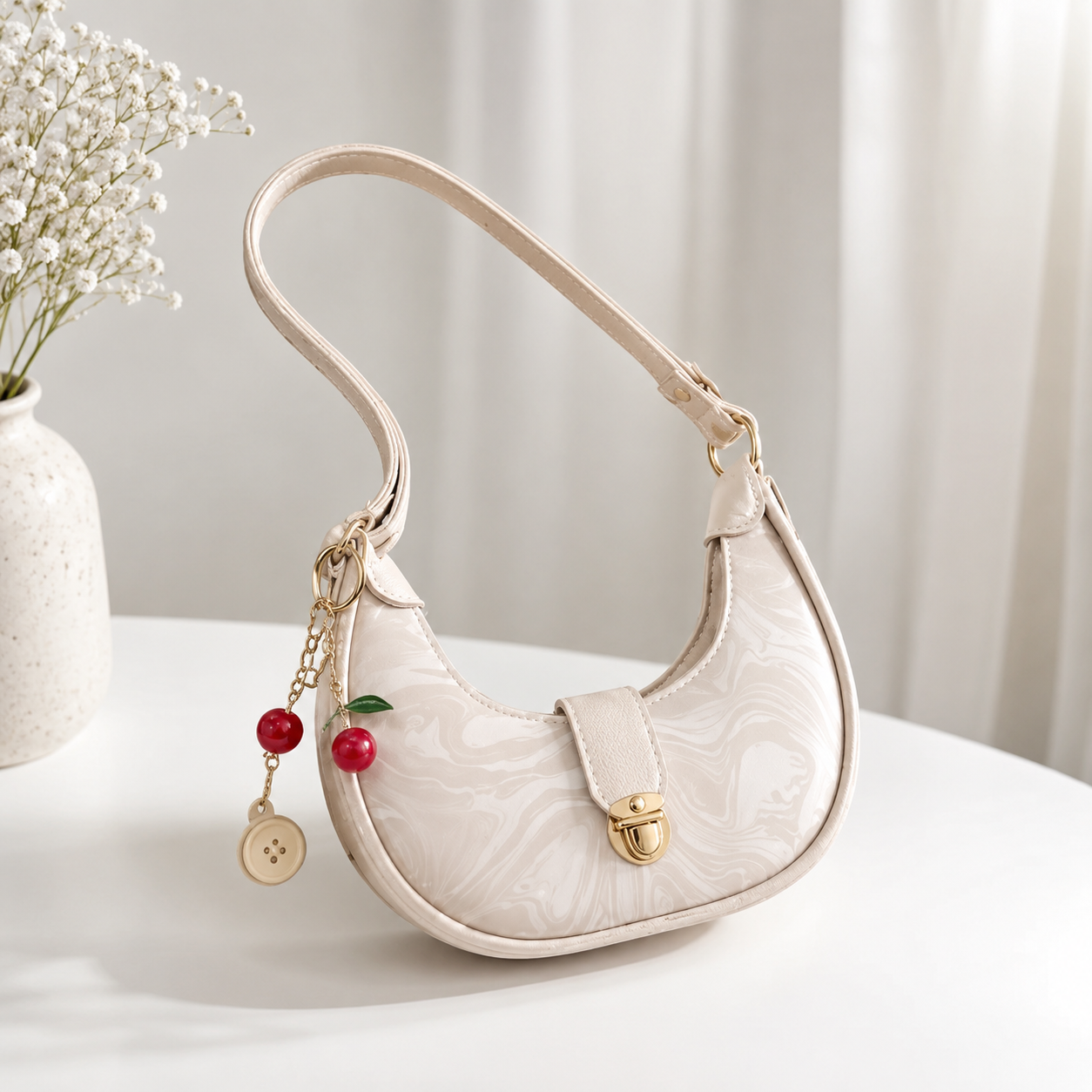 Elegant Cream Crescent Shoulder Bag for Women | Stylish Mini Handbag