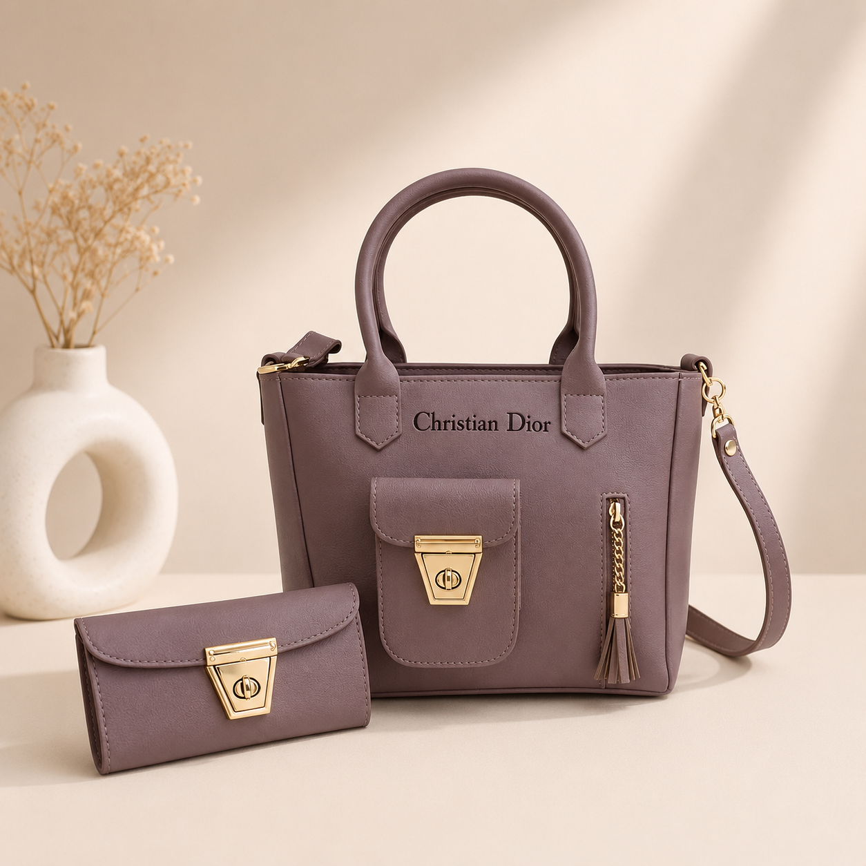 Elegant Women's Handbag & Wallet 2-Piece Set – Mauve Brown
