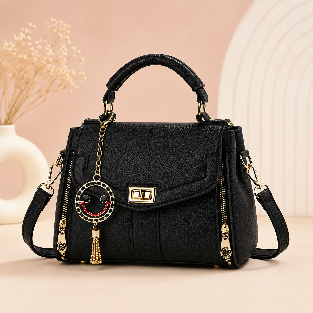 Luxury Black Textured Top Handle Crossbody Handbag for Women