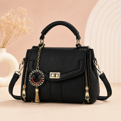 Luxury Black Textured Top Handle Crossbody Handbag for Women
