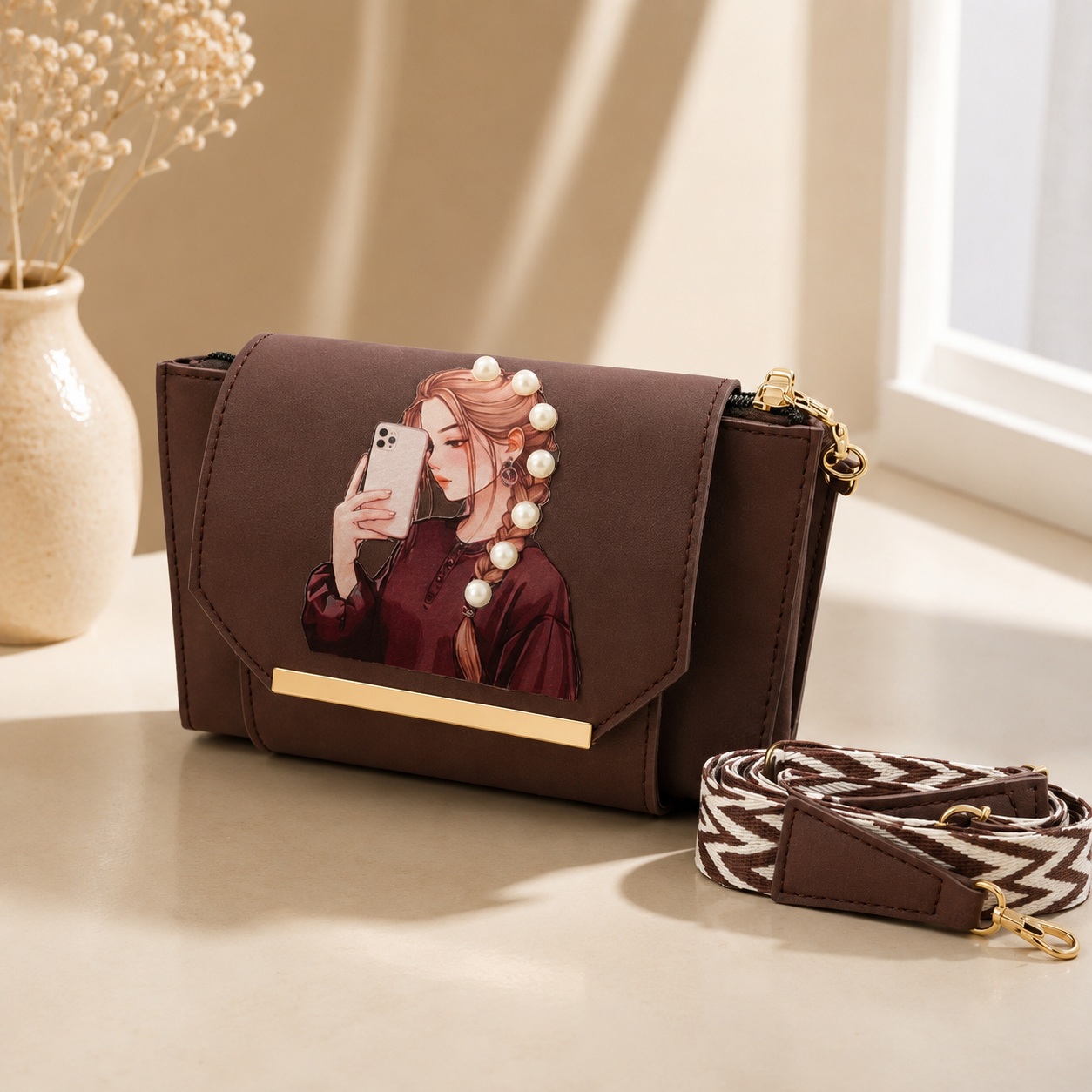Luxury Printed Crossbody Bag for Women | Premium Pearl Accent Shoulder Bag