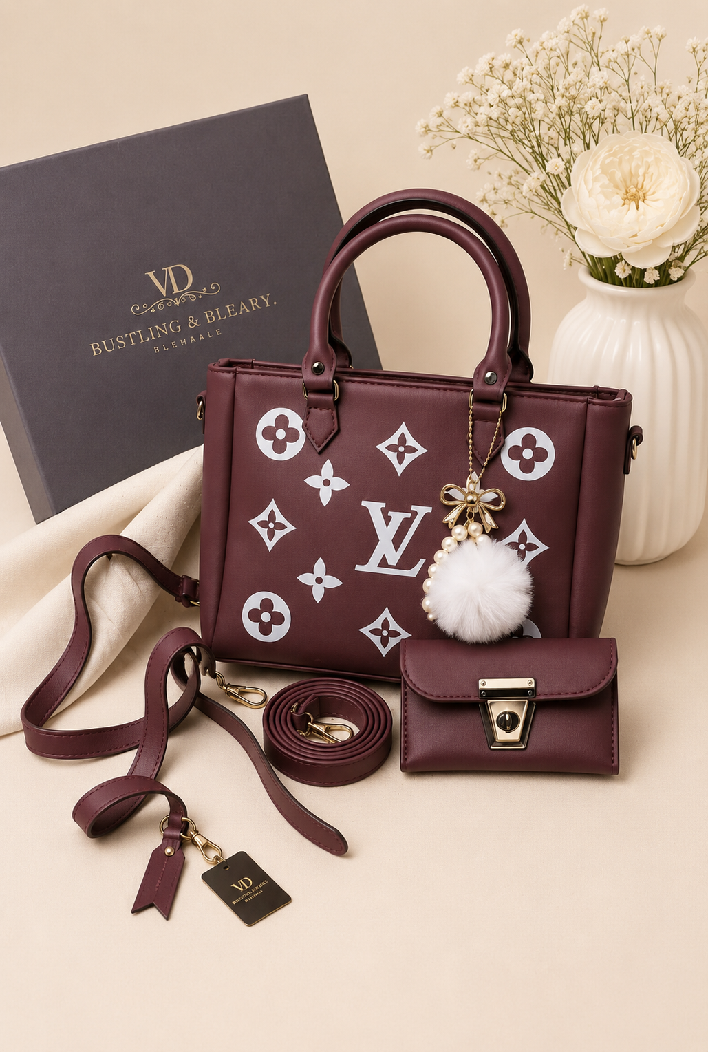 Premium Women's Maroon Monogram Handbag Set – 2 Pcs | Crossbody & Top Handle Bag