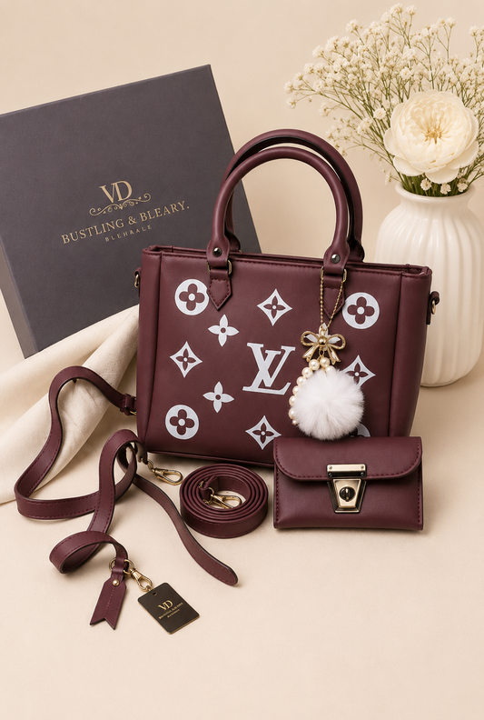 Premium Women's Maroon Monogram Handbag Set – 2 Pcs | Crossbody & Top Handle Bag