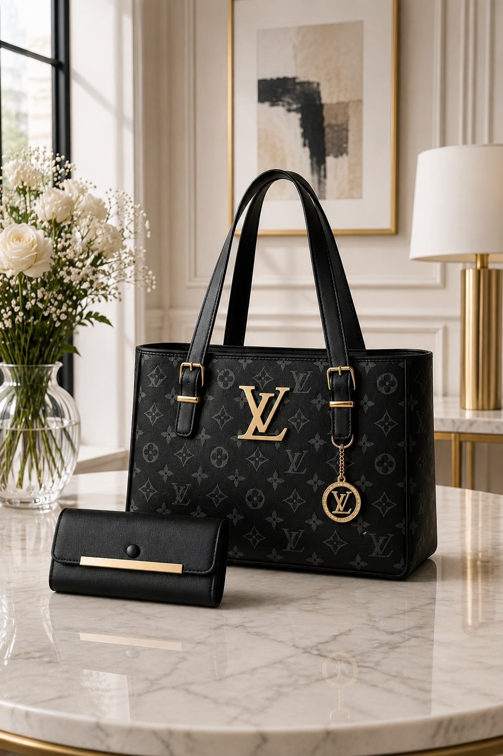 Luxury Women's Black Monogram Tote Bag with Matching Wallet | Premium Handbag Set