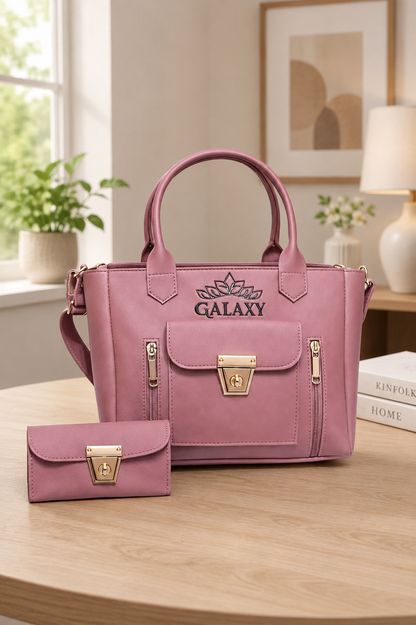 Galaxy Premium Women's Handbag & Wallet Set – Pink | Luxury PU Leather Shoulder Tote