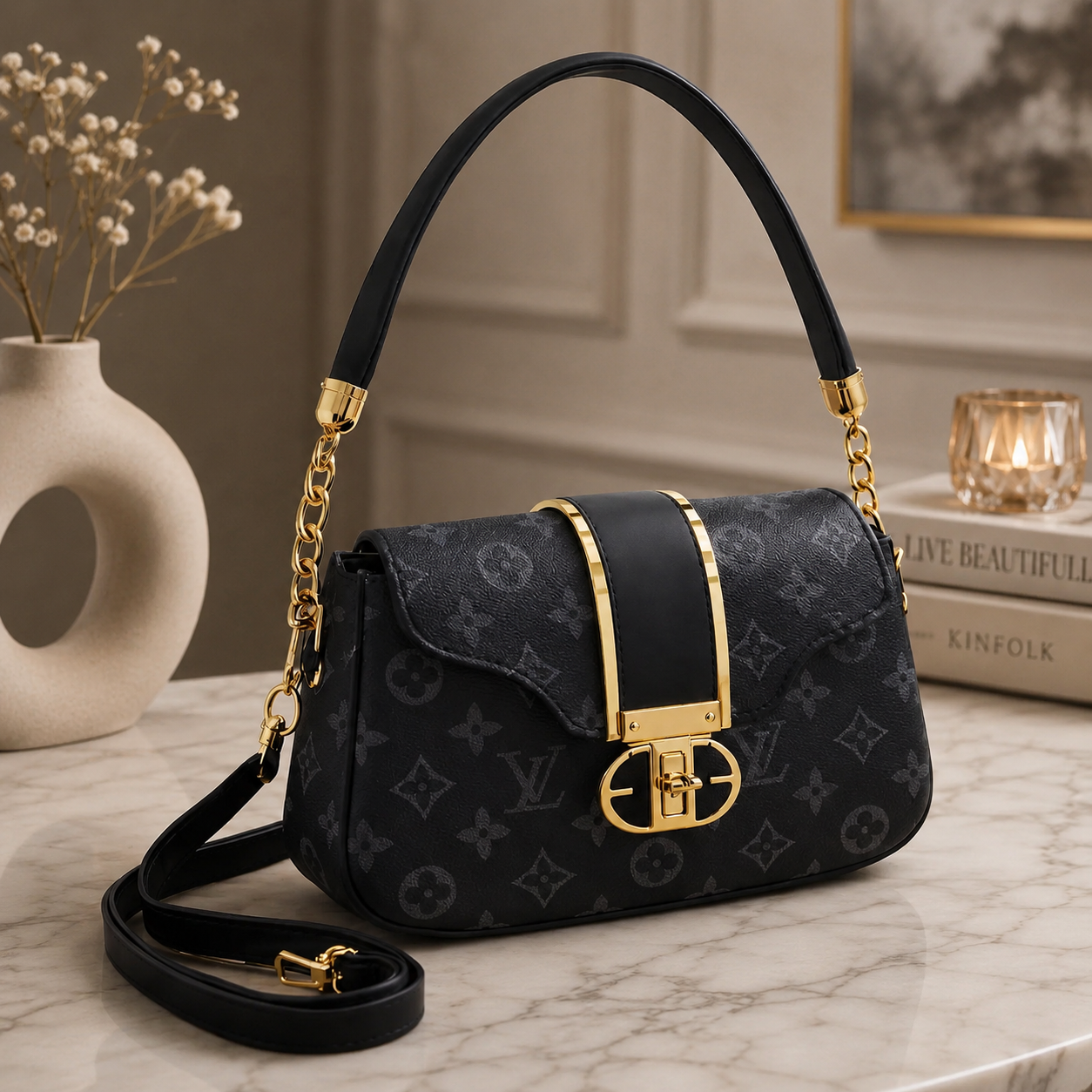 Luxury Monogram Chain Shoulder Bag for Women – Black & Gold Premium Handbag