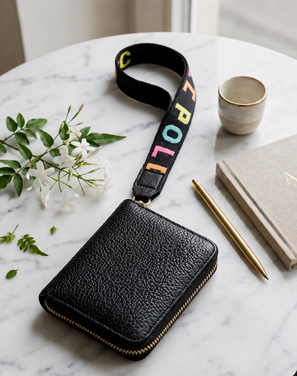 Women's Premium Zip Around Wallet with Wrist Strap – Black Leather Texture Gift Wallet