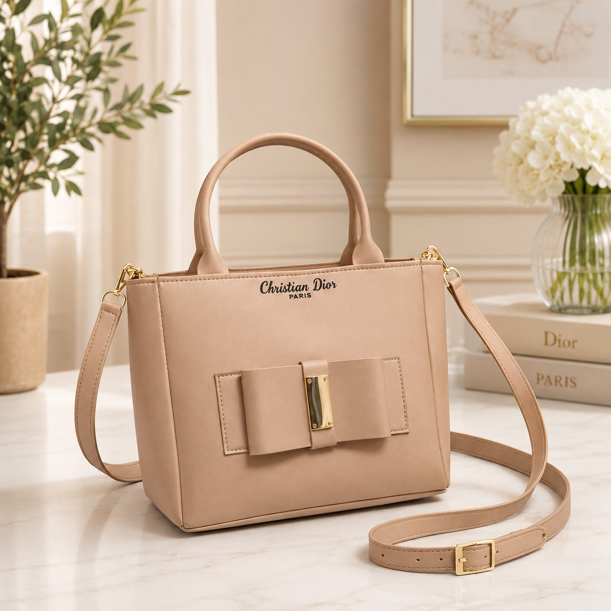 Elegant Bow Top Handle Women's Handbag with Shoulder Strap – Beige