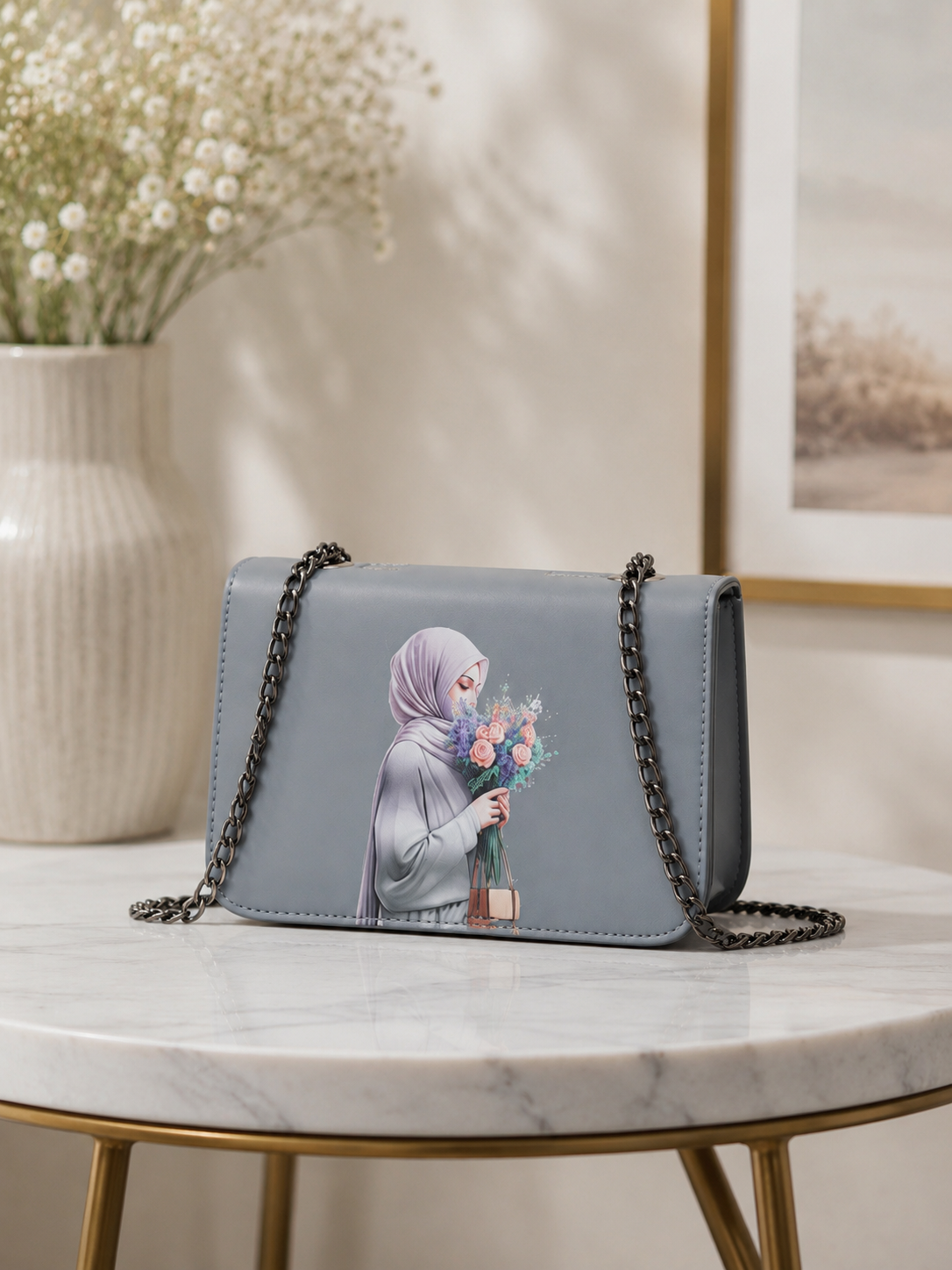 Elegant Modest Print Chain Crossbody Bag – Grey Blue Women's Shoulder Handbag