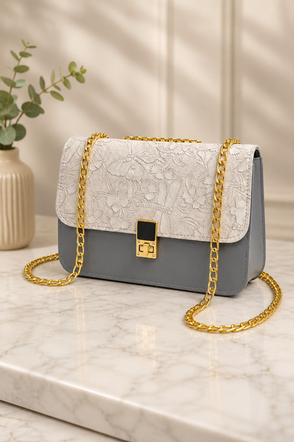 Elegant Floral Embossed Chain Shoulder Bag for Women – Grey & Ivory