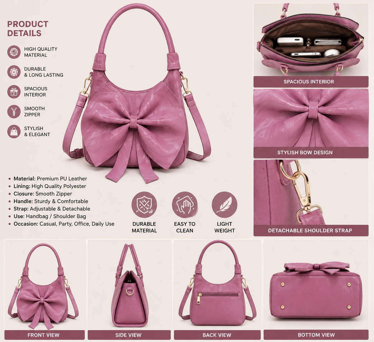 Elegant Pink Bow Handbag for Women