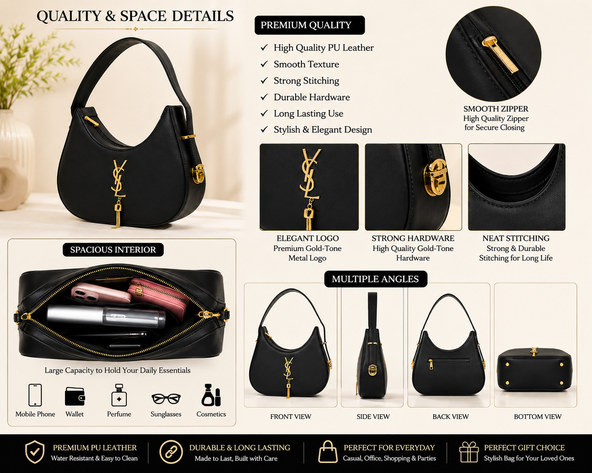 Elegant Black Hobo Shoulder Bag with Gold-Tone Details