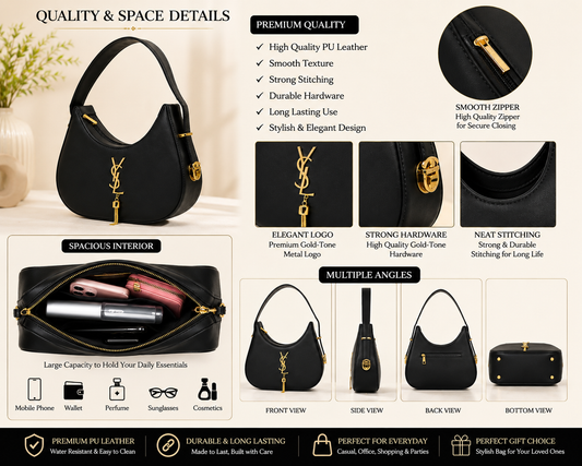 Elegant Black Hobo Shoulder Bag with Gold-Tone Details