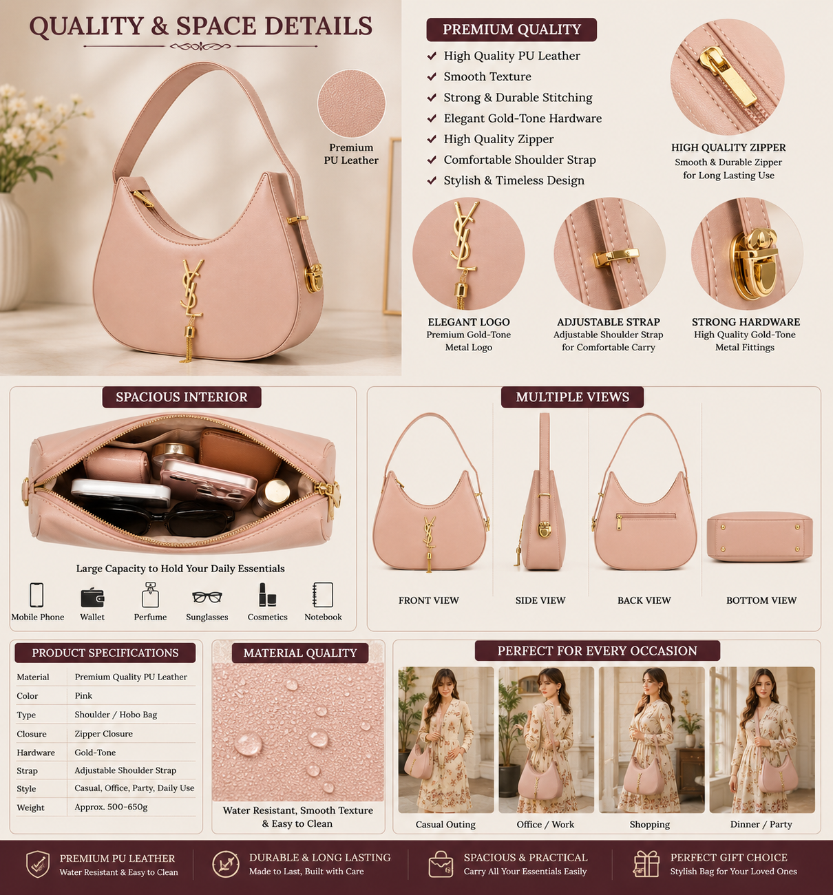 Elegant Pink Shoulder Bag for Women | Stylish Hobo Handbag