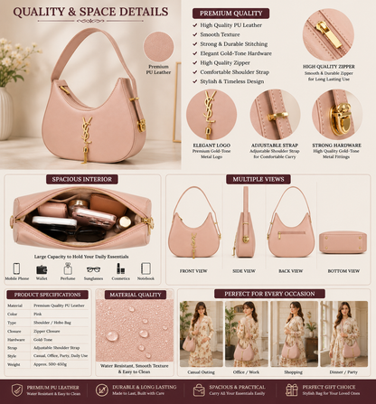 Elegant Pink Shoulder Bag for Women | Stylish Hobo Handbag