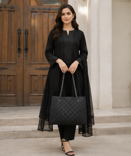 Elegant Black Quilted Tote Bag with Matching Pouch