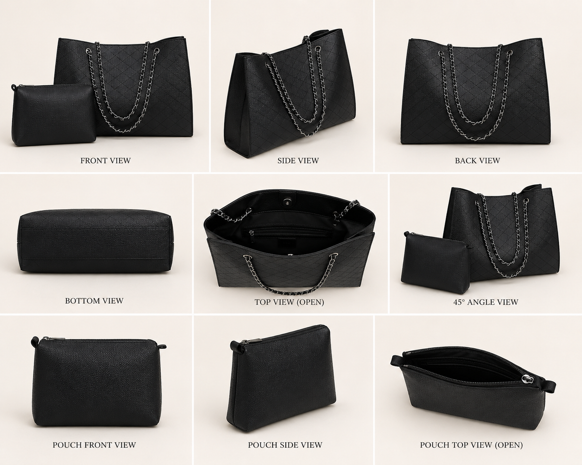 Elegant Black Quilted Tote Bag with Matching Pouch