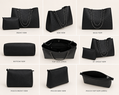 Elegant Black Quilted Tote Bag with Matching Pouch