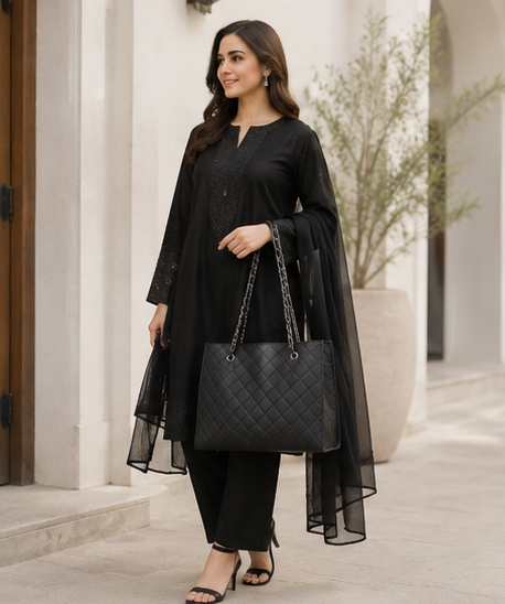 Elegant Black Quilted Tote Bag with Matching Pouch