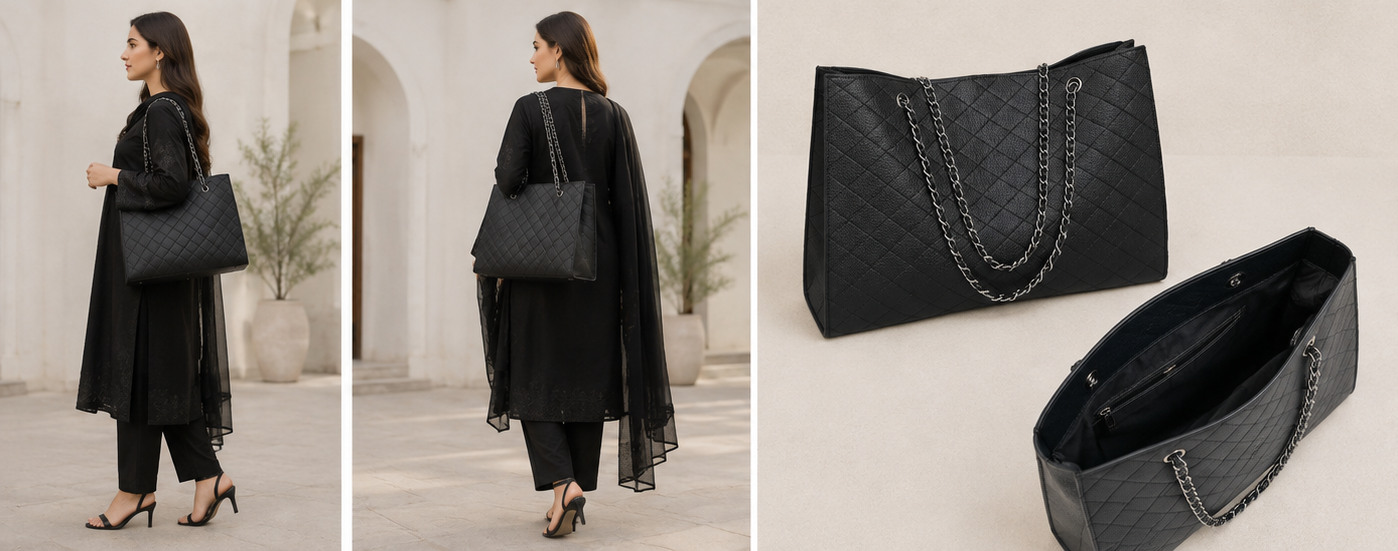Elegant Black Quilted Tote Bag with Matching Pouch