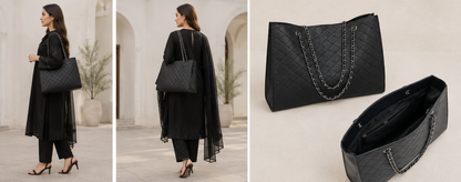 Elegant Black Quilted Tote Bag with Matching Pouch