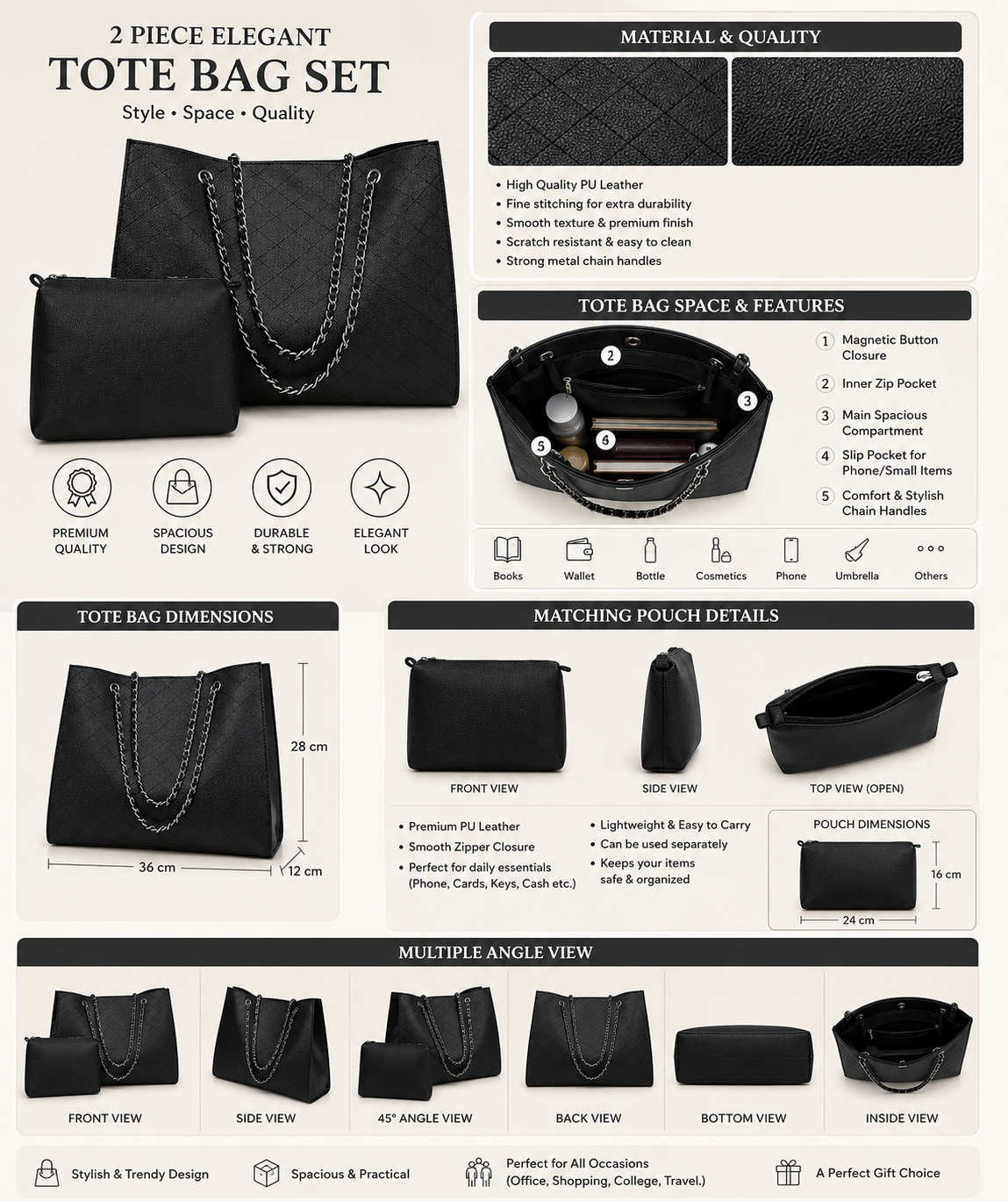 Elegant Black Quilted Tote Bag with Matching Pouch