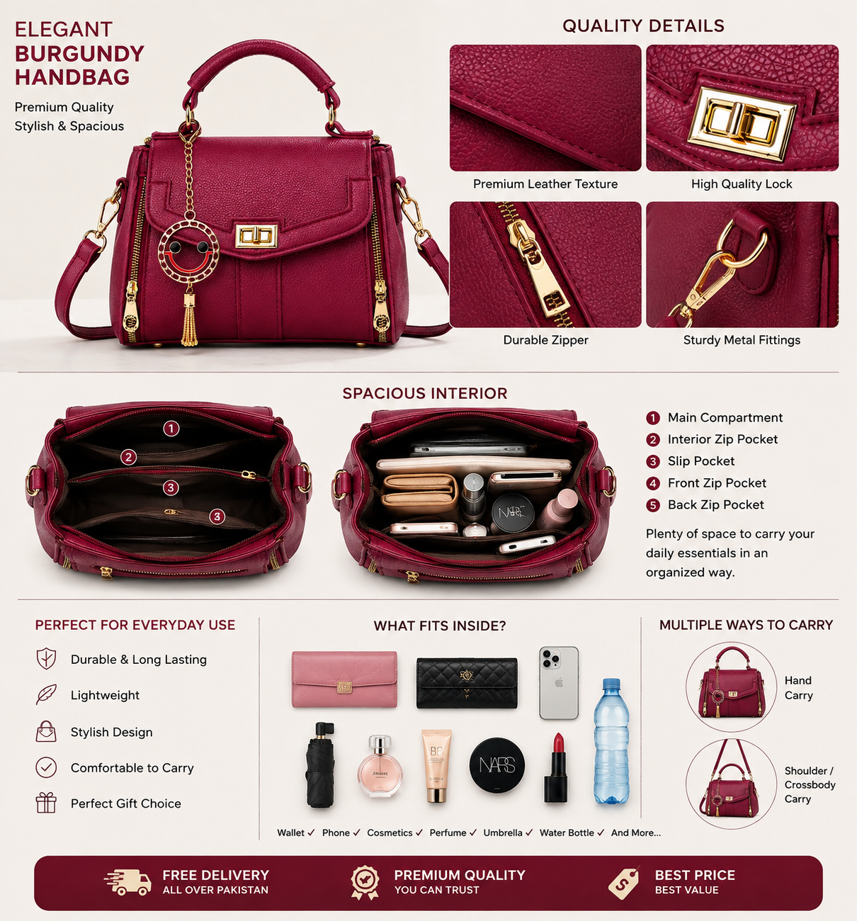 Elegant Burgundy Women's Handbag – Premium Shoulder & Crossbody Bag