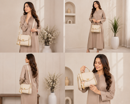 Elegant Cream Leather Handbag for Women | Top Handle & Crossbody Shoulder Bag