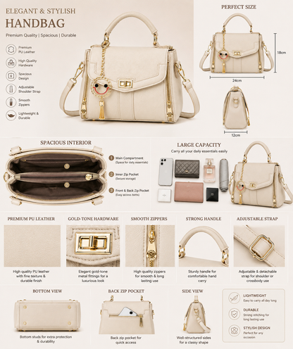 Elegant Cream Leather Handbag for Women | Top Handle & Crossbody Shoulder Bag