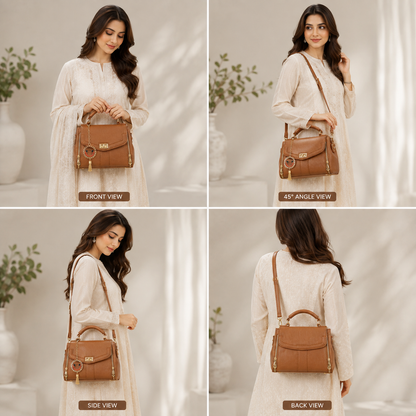Elegant Brown Women's Top Handle Crossbody Handbag with Charm