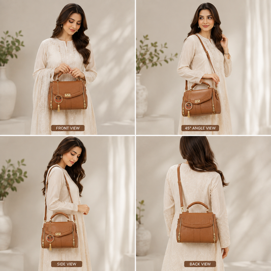 Elegant Brown Women's Top Handle Crossbody Handbag with Charm