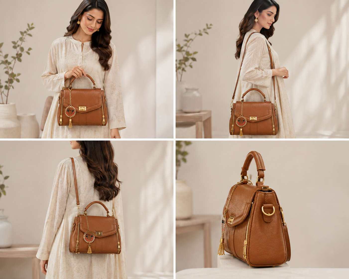 Elegant Brown Women's Top Handle Crossbody Handbag with Charm