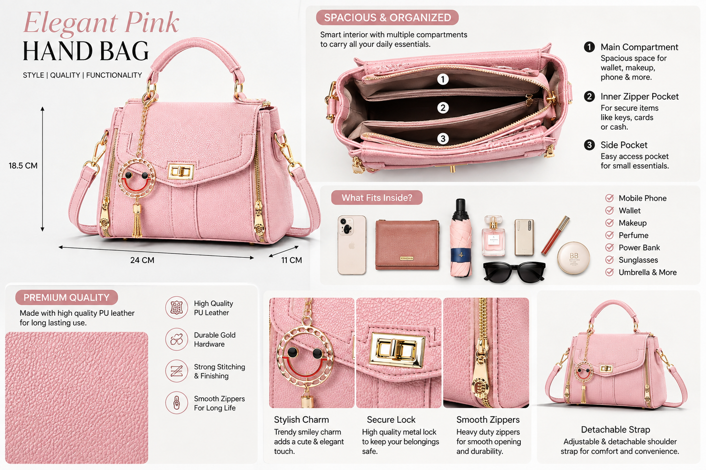 Elegant Pink Women's Handbag | Premium Crossbody & Top Handle Bag