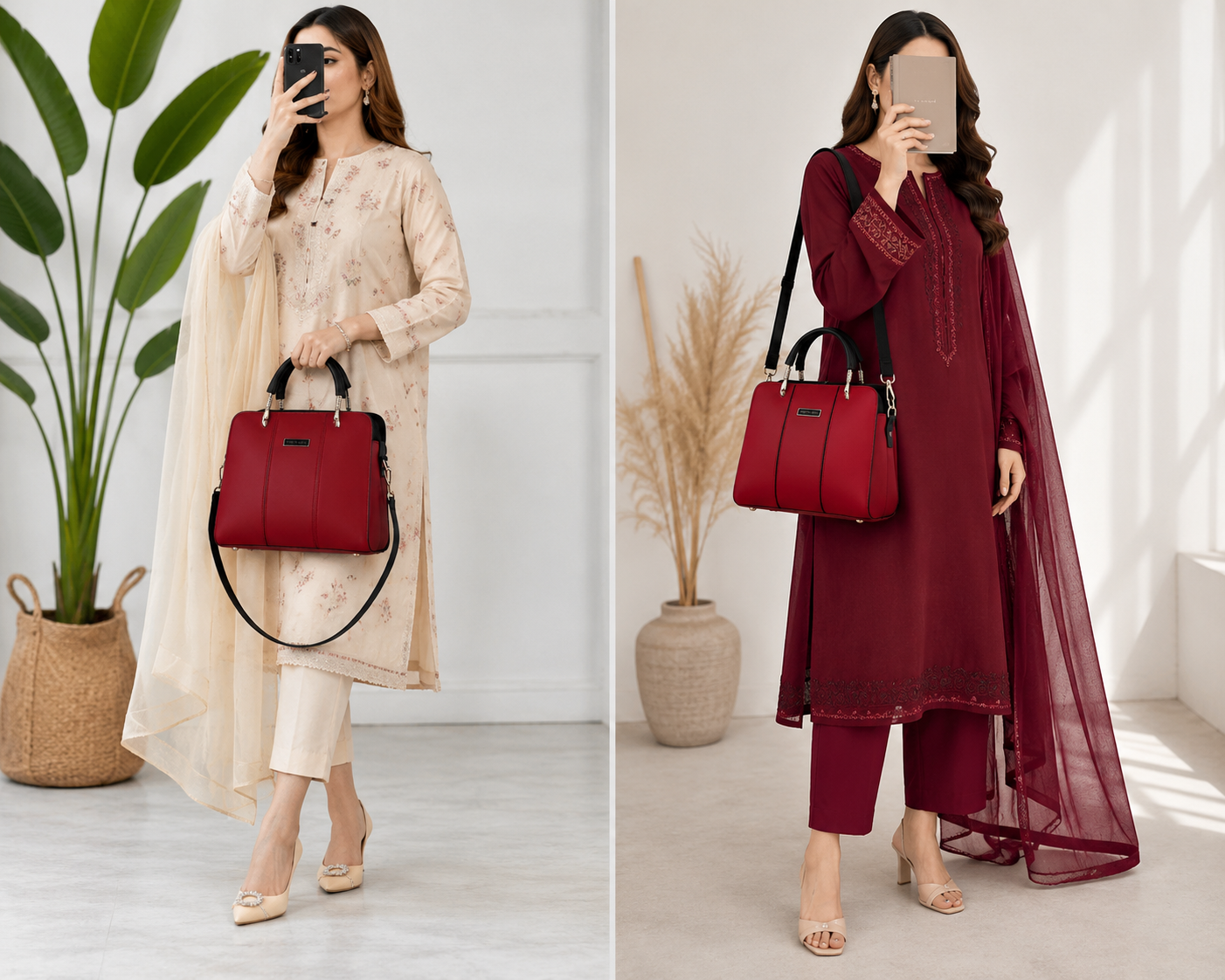 Elegant Red & Black Women's Handbag | Premium Shoulder & Hand Carry Bag
