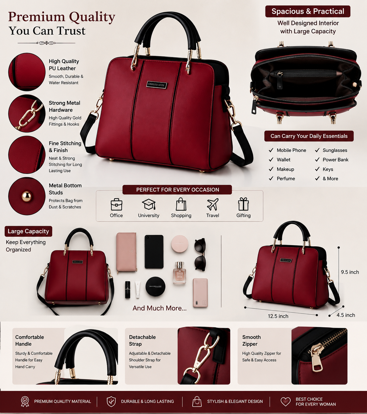 Elegant Red & Black Women's Handbag | Premium Shoulder & Hand Carry Bag