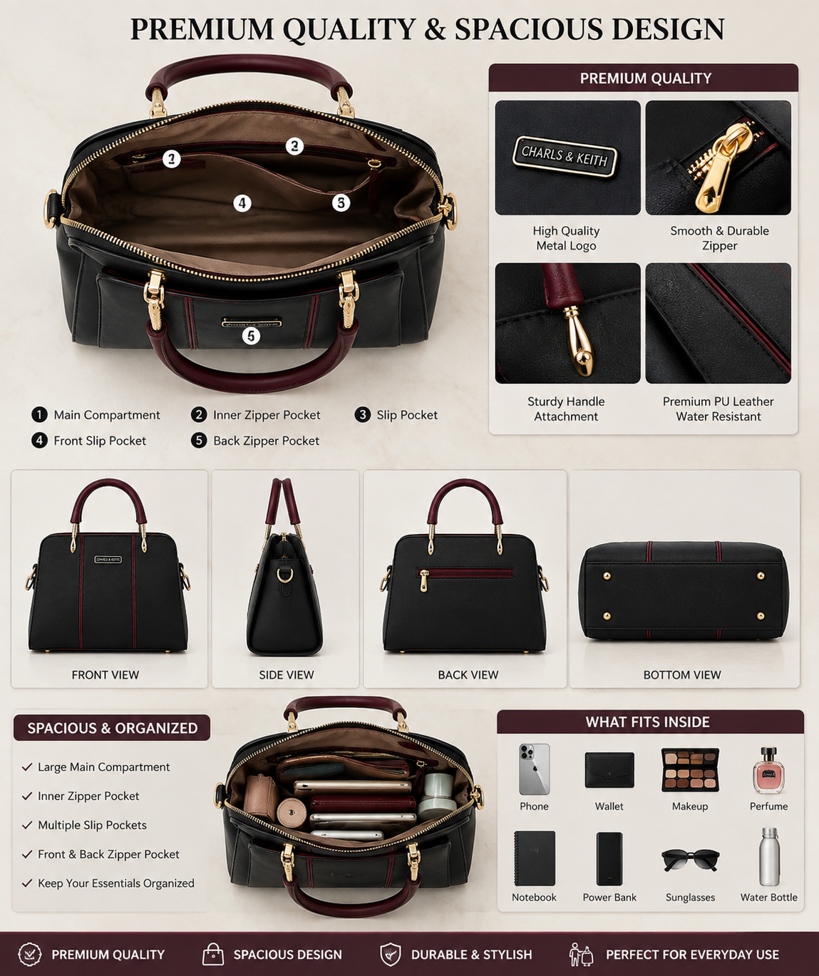 Elegant Black & Burgundy Women's Handbag | Premium Office & Casual Shoulder Bag