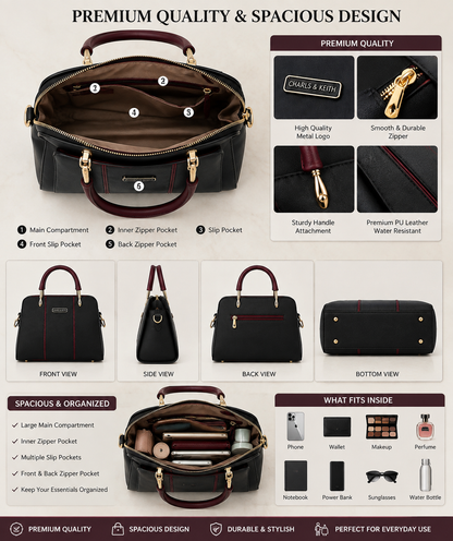 Elegant Black & Burgundy Women's Handbag | Premium Office & Casual Shoulder Bag